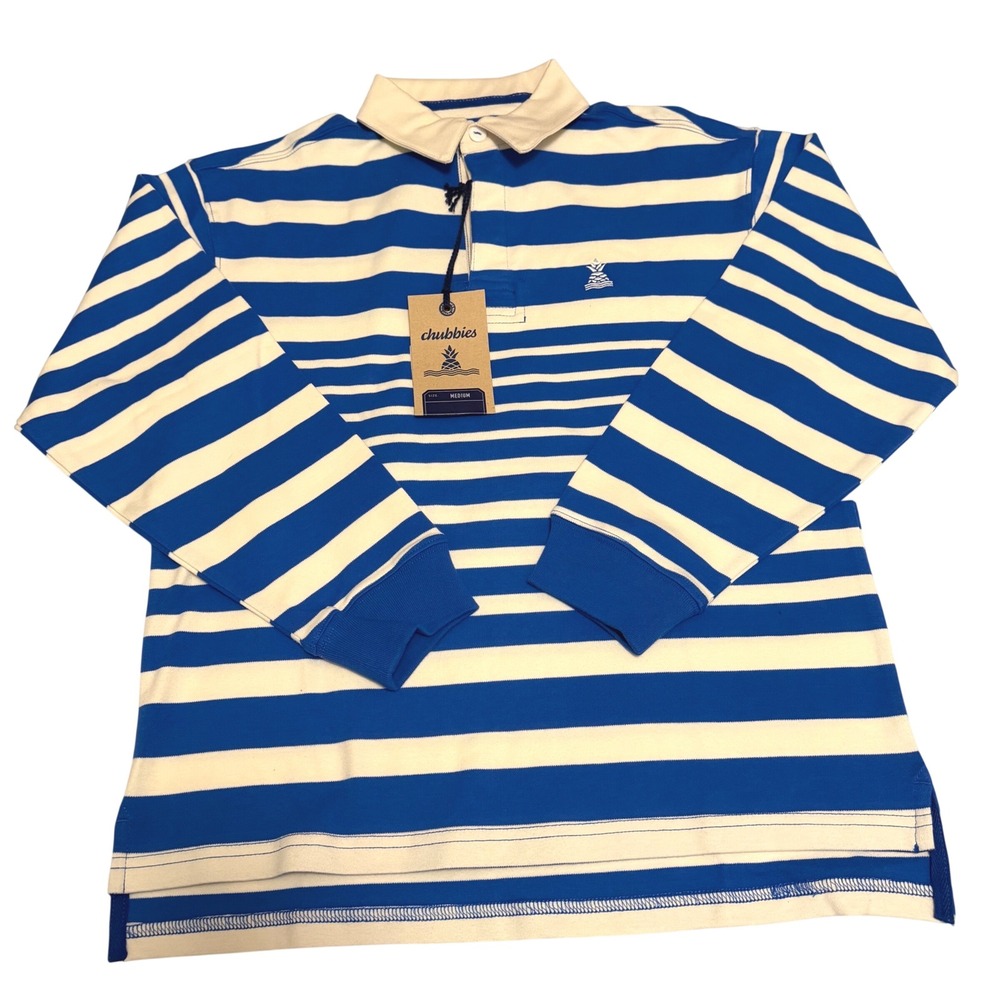 Chubbies Boys Legacy Shirt The Slow Wave Blue White Striped Rugby Polo Size M